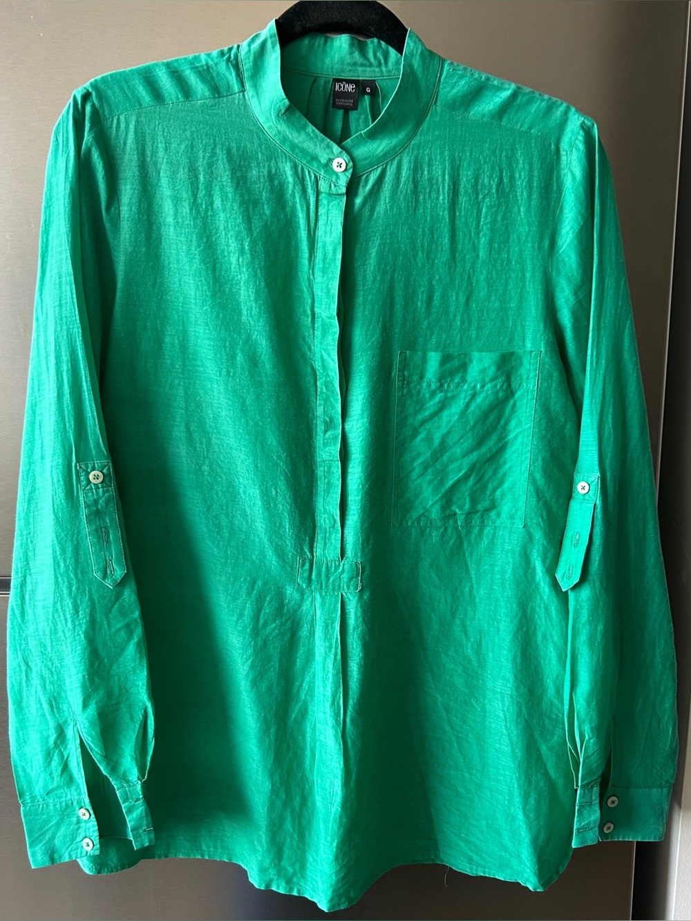 ICÔNE Simons Green Cotton Silk Blouse Minimalist Mandarin Collar Top